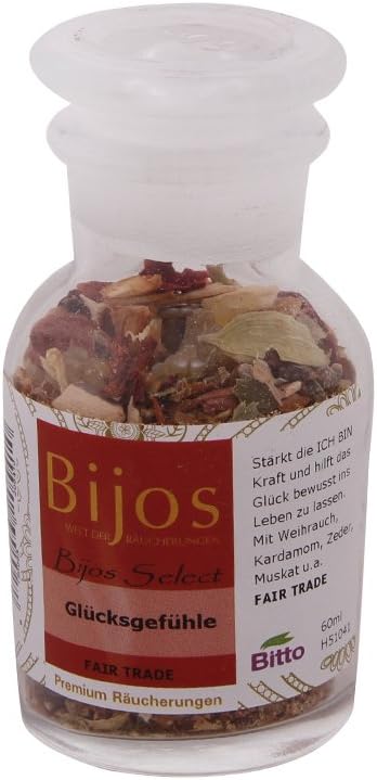 BiJos Select incense in a 60 ml little glass bottle. Happy feelings FAIR TRADE – strengthen YOUR power