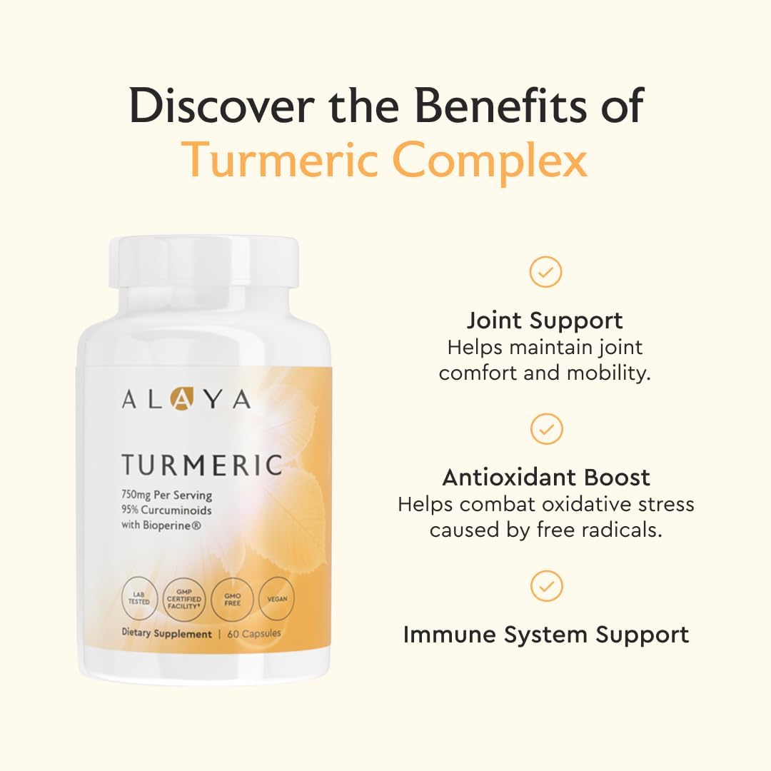 Alaya Naturals Turmeric Curcumin Supplement with BioPerine – 750mg Per Serving, 95% Curcumin Extract Turmeric Capsules for Joint Comfort, Mobility & Absorption – Non-GMO, Vegan, Lab Tested - Image 3