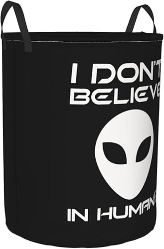 Miniatura 2 de Cesta de lavandería con asa, impermeable, redonda, de tela Oxford, con texto en inglés "I Don't Believe in Humans"