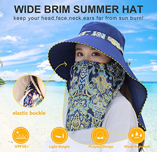 Image of Women Wide Brim Face Mask Sun Hat Detachable Neck Face Flap Ponytail UV Protection Visor Hat Garden Fishing Hiking