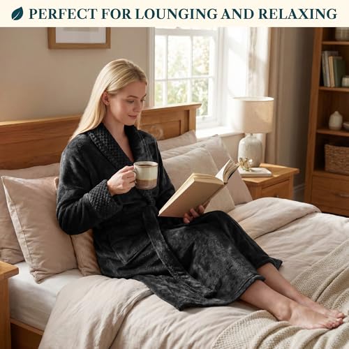 Image of PAVILIA Women's Plush Fleece Robe, Soft Cozy Long Bathrobe with Satin Waffle Trim, Warm Lightweight, Pockets & Tie Belt
