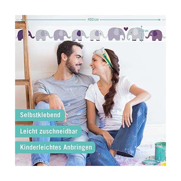 lovely label Bordüre selbstklebend Elefant GRAU LILA - Wandbordüre Kinderzimmer Babyzimmer mit Elefanten - Wandtattoo… – Bild 4