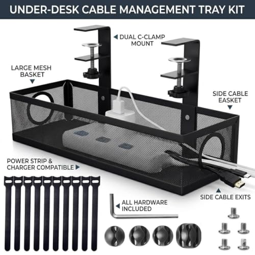 Image of Under Desk Cable Management Tray | No Drill Clamp-On Metal Mesh Wire Organizer for Office, Home, Gaming, Study Table | Power Strip Holder with Cable Ties & Clips | Black