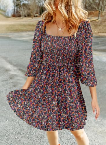 Image of Dokotoo Fall Dresses for Women 2025 Boho Floral Square Neck Smocked 3 /4 Sleeve Casual A-Line Swing Mini Dress Sundress