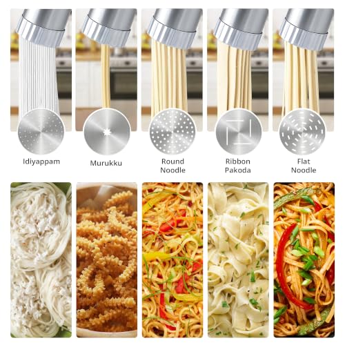 Image of iBELL Loome500 Idiyappam Maker Electric, Cordless Pasta & Noodle Maker, 2 Yr Warranty, 5 Molds, Type-C, Stainless Steel Barrell, Rechargeable
