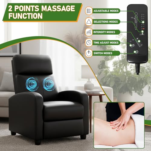 Image of PayLessHere Recliner Chair Single Reclining Sofa Home Theater Seating with Lumbar Support and Padded Backrest for Living Room and Bedroom (Leather, Black-Massage)