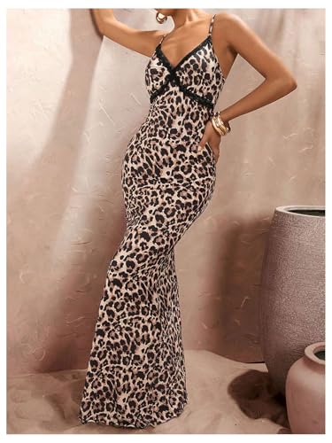 GORGLITTER Women's Cheetah Leopard Print Bodycon Maxi Dress Y2K Animal Print Lace Spaghetti Strap Cami Dresses2