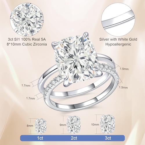 3CT/5CT Elongated Cushion Cut Engagement Ring Set for Women, Wedding Promise Cubic Zirconia Band, 14K Gold/White Gold Plated Stackable Adjustable Bridal Half Eternity Open Rings, Size 5-93