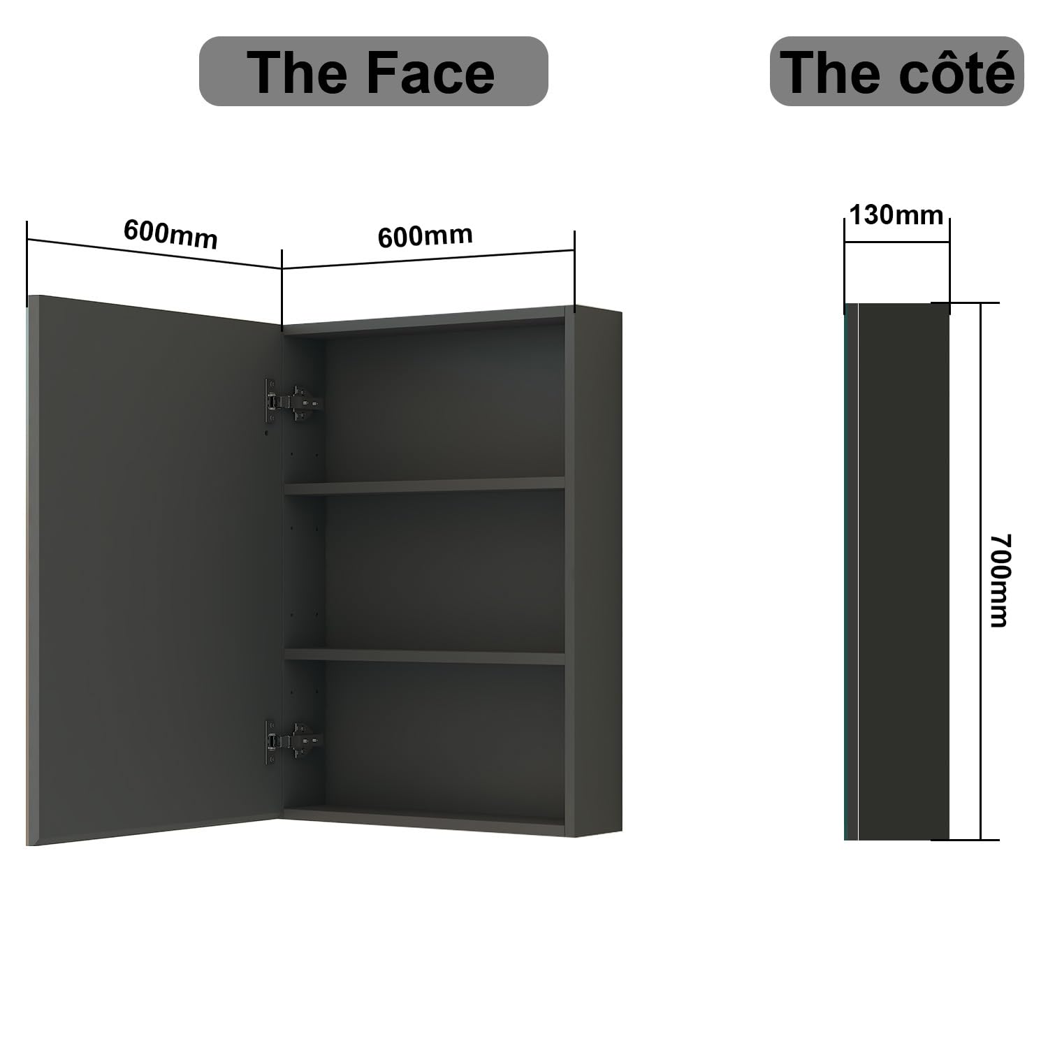 AICA Armoire de Toilette Mural avec Miroir et Rangement - Moderne, Anthracite, 60x70 cm
