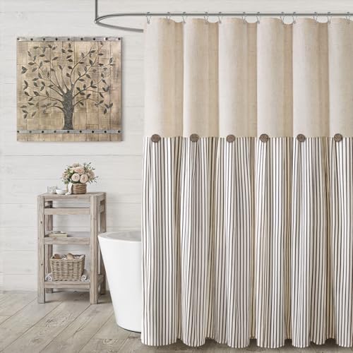 XOGUIBO Farmhouse Shower Curtain Linen Beige Button Woven Fabric Country Rustic Western, Pleated Brown Stripe 72' W x 80' L