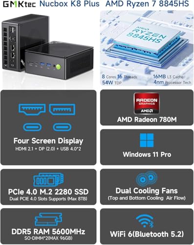 Image of GMKtec Gaming Mini PC K8 Plus AMD Ryzen 7 8845HS(8C /16T, up to 5.1GHz) 32GB DDR5 RAM 1TB SSD, Desktop Computer Dual NIC 2.5G, HDMI 2.1, USB4
