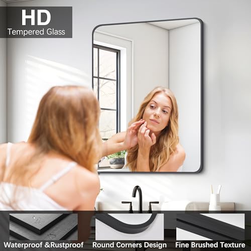 FORBATH Black Bathroom Mirror, 20"x28" Rectangle wall Mirror, Metal Framed Vanity Mirror Rounded Corner for Bathroom, Living Room, Bedroom and Entryway (Horizontal/Vertical) by FORBATH - Image 5