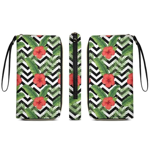 High Capacity Travel Wallet for Women, Water-resistant, Great for Everyday Carry, Tropical Palm Leaves Hibiscus3