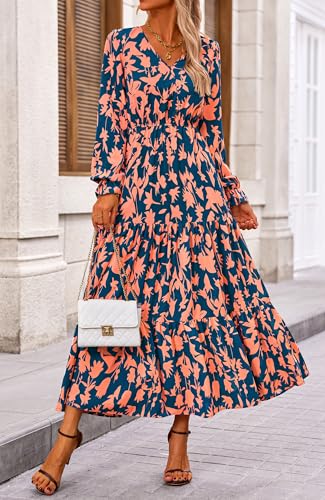 BTFBM Women Fall Dresses 2025 Casual Long Sleeve V Neck Maxi Dresses Floral Boho Long Dress Wedding Guest Dress