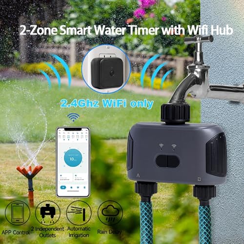 Timer per acqua, timer per irrigazione WiFi a doppia porta, timer automatico intelligente con controllo app, ritardo pioggia e visualizzazione del livello della batteria