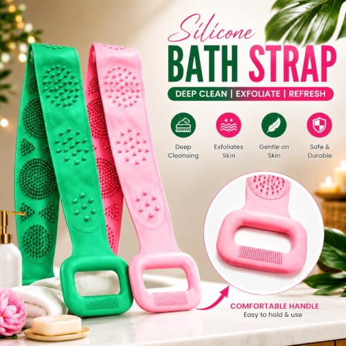 Image of Casa Zura Back Scrubber for Bathing, Silicone Body Scrubber for Bathing, Bath Belt Scrubber, Body Back Scrubber for Men & Women, Long Silicone Bath Brush for Exfoliating & Deep Cleaning, Pack of 2 multicolour