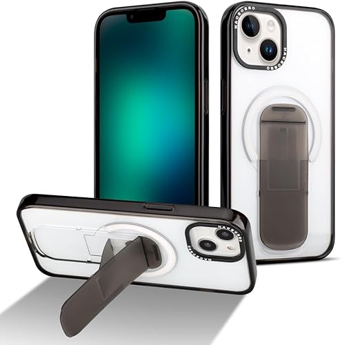 Funda diseñada para iPhone 15 con soporte, compatible con MagSafe, parte trasera de policarbonato transparente antiarañazos + parachoques de TPU a