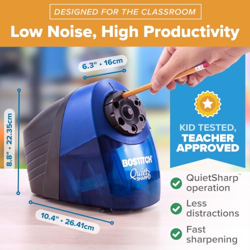 Bostitch Office QuietSharp 6 Electric Pencil Sharpener, Heavy Duty Classroom Sharpener, Size Selector with 6 Different Sizes, For Colored & Graphite Pencils, Blue