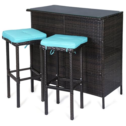 WENTUM 3 Piece Patio Bar Set Patio Wicker Bar Furniture with 2 Storage Shelves Glass Top Table Cushions and Two Stools Outside Bars for Patio Entertainment Blue