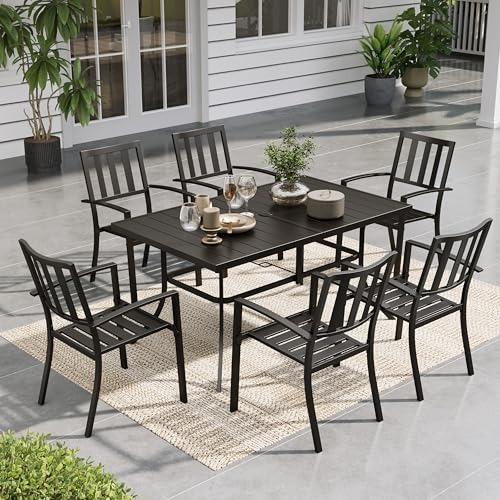 Image of Sophia & William Patio Table and Chairs Set, Outdoor Dining Set for 6, 7 Piece Metal Patio Furniture, 60 inch Black Rectangular Table(Stripe)