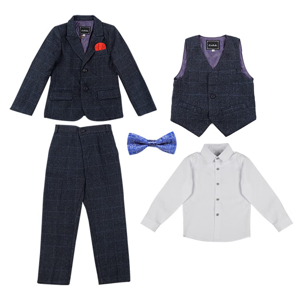 GUOCU Conjunto de Esmoquin Niños,Trajes para Niños para Boda Ceremonia,Talla Grande Trajes Azul a Cuadros+Chaleco+Camisa+Pantalón+Pajarita,Traje de Caballero Infantil Traje Formal de Bautizo