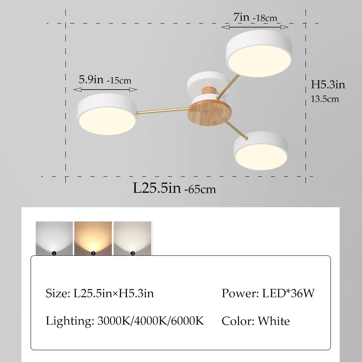 25.5-Inch Semi-Recessed Modern Led Ceiling Lamp, 3-Light Black Matte Chandelier, 36W Dimmable 3000K-4000K-6000K Optional, Suitable for Farmhouse Dining Room Living Room Bedroom Study Kitchen