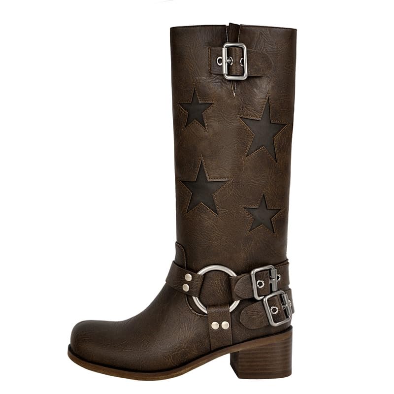 Image of KISTANIA Women's Knee High Riding Boots Square Toe Chunky Heel Fashion Buckle Belts Cowboy Cowgirl Moto Boots with Stars