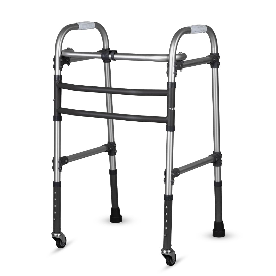 Vissco Dura Max Aluminium Walker with Wheels for Elderly & Physically Challenged, Foldable, Light Weight & Height Adjustable Walking Aid - with Premium Grade Rubber Shoes & PVC Grip Universal (Grey)