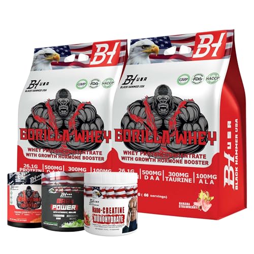 Hammer Day Bundle Deal | 2× Gorilla Whey Protein 2kg + EAA Power + Nano Creatine + Gorilla BCAA | Muscle Growth, Strength & Recovery | Pre & Post Workout | High Protein | Black Hammer USA