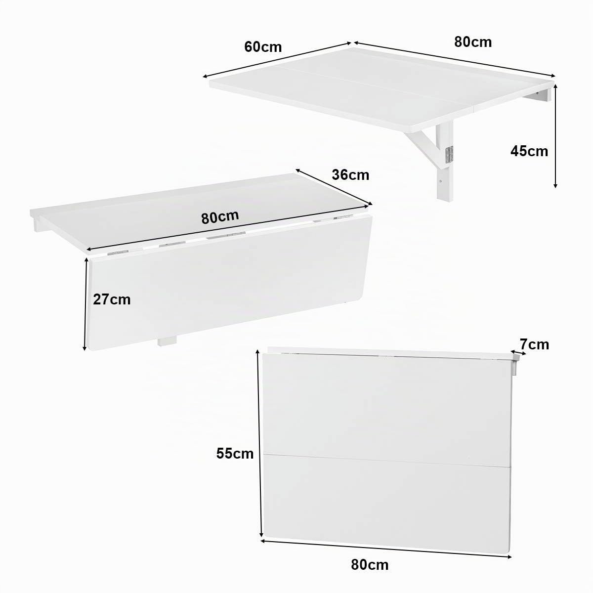 COSTWAY Table Murale Rabattable en Bois de Pin Double Plateaux Table de Cuisin Pliable 80 x 60 x 43 cm (Blanc)