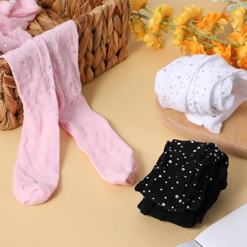 3 Pairs Girls Sparkle Fishnet Stockings, Girls Rhinestone Tights Glitter Hollow Out Pantyhose Children's High Waist Tights School Dress Dance Stockings (S)4
