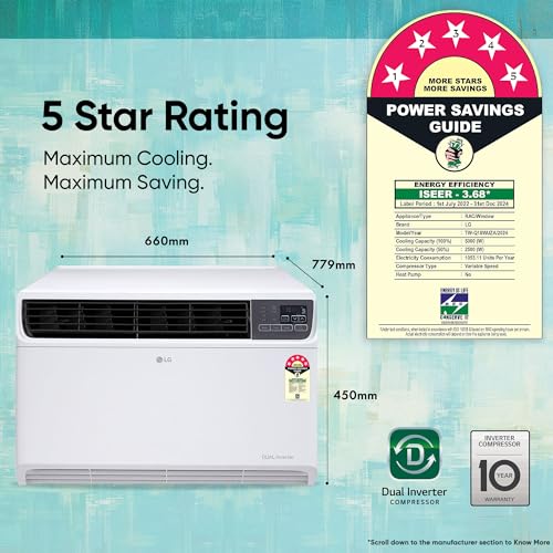 Image of LG 1.5 Ton 5 Star DUAL Inverter Window AC (Copper, Convertible 4-in-1 cooling, 4 Way Air Swing, HD Filter, TW-Q18WUZA, White)