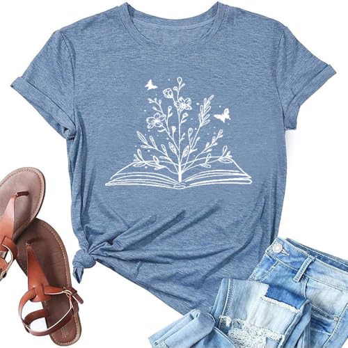 Graphic Tees for Women Book Lovers T Shirt Funny Wildflowers Book Reading T Shirt Teacher Short Sleeve Casual Tee Tops-2XL(Ink Blue)
