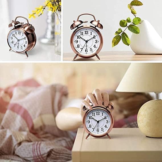 Image of DRONTER Vintage Twin Bell Analog Display Table Alarm Clock With Night Led Light Heavy Slippers Extra Loud Alarm Clock Ideal For Student And Kids Bedroom (Copper, 3 Inch, 2 Inch)