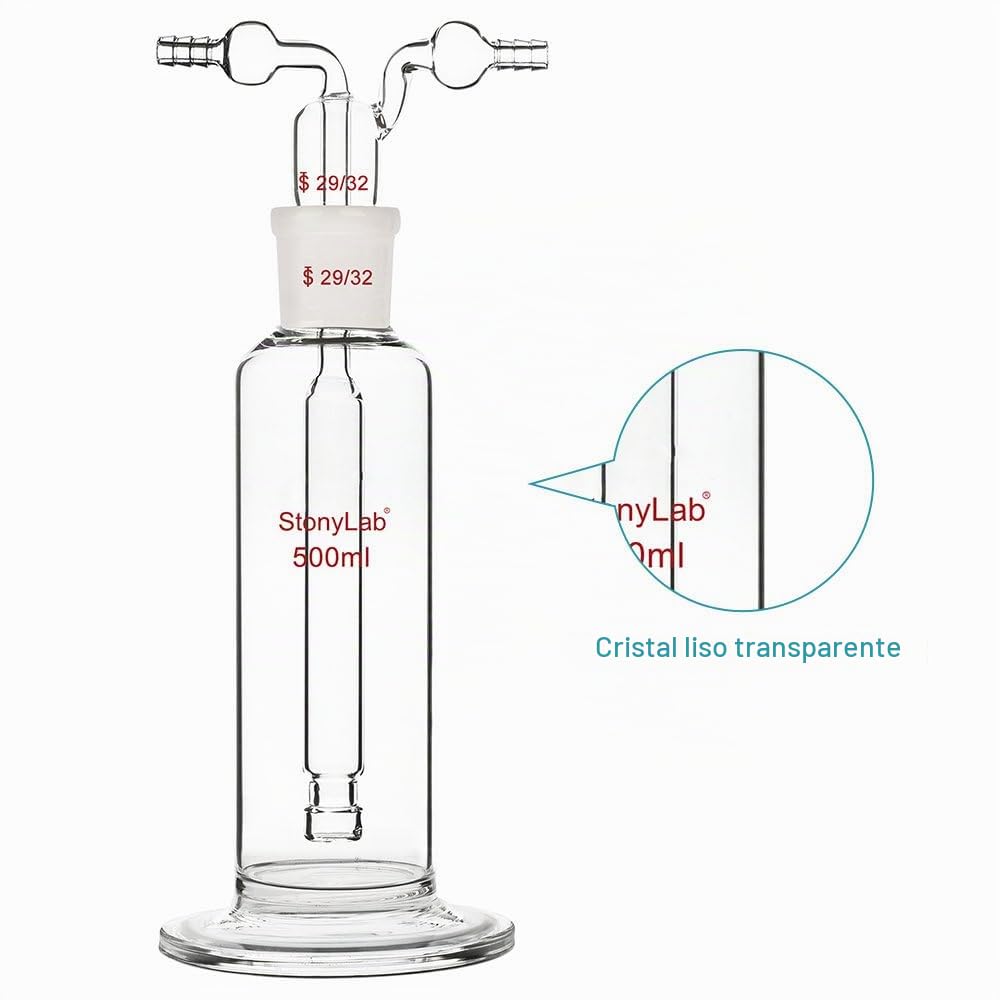 stonylab Frasco Drechsel para Lavado de Gas, Frasco de Vidrio de Borosilicato para Lavado de Gas con Junta Estándar 29/32 y Manguera Dentada de 8 mm, Capacidad de 500 ml
