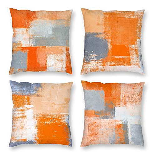 HOSTECCO Orange and Grey Cushion Covers 45x45 cm Pack of 4 Orange Abstract Pillow Cases Modern Decorative Throw Pillow Covers for Sofa Couch Living Room