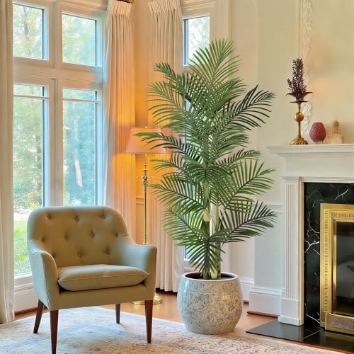 Image of Nafresh 6ft Ultra-Full UV Resistant Fake Golden Cane Palm Tree with Triple Trunks, 72in Tall Artificial Palm Tree Indoor Outdoor, Faux Palm Plant for Living Room Home Office Patio Garden Decor