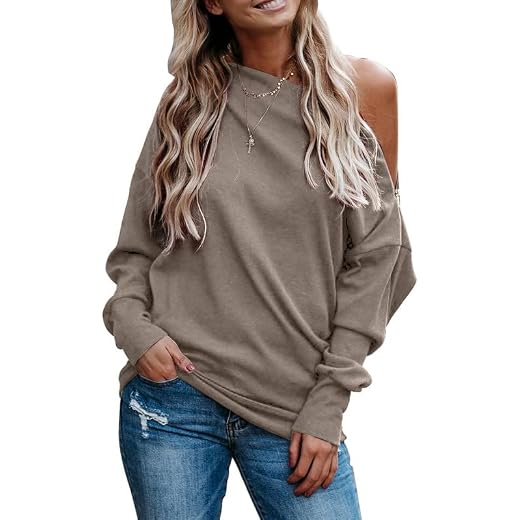 Dokotoo Women's off the shoulder tops Sexy Zipper Long Sleeve Ribbed Sweatshirts for women Solid Color One Shoulder Batwing Loose Fit shirts Grey Small