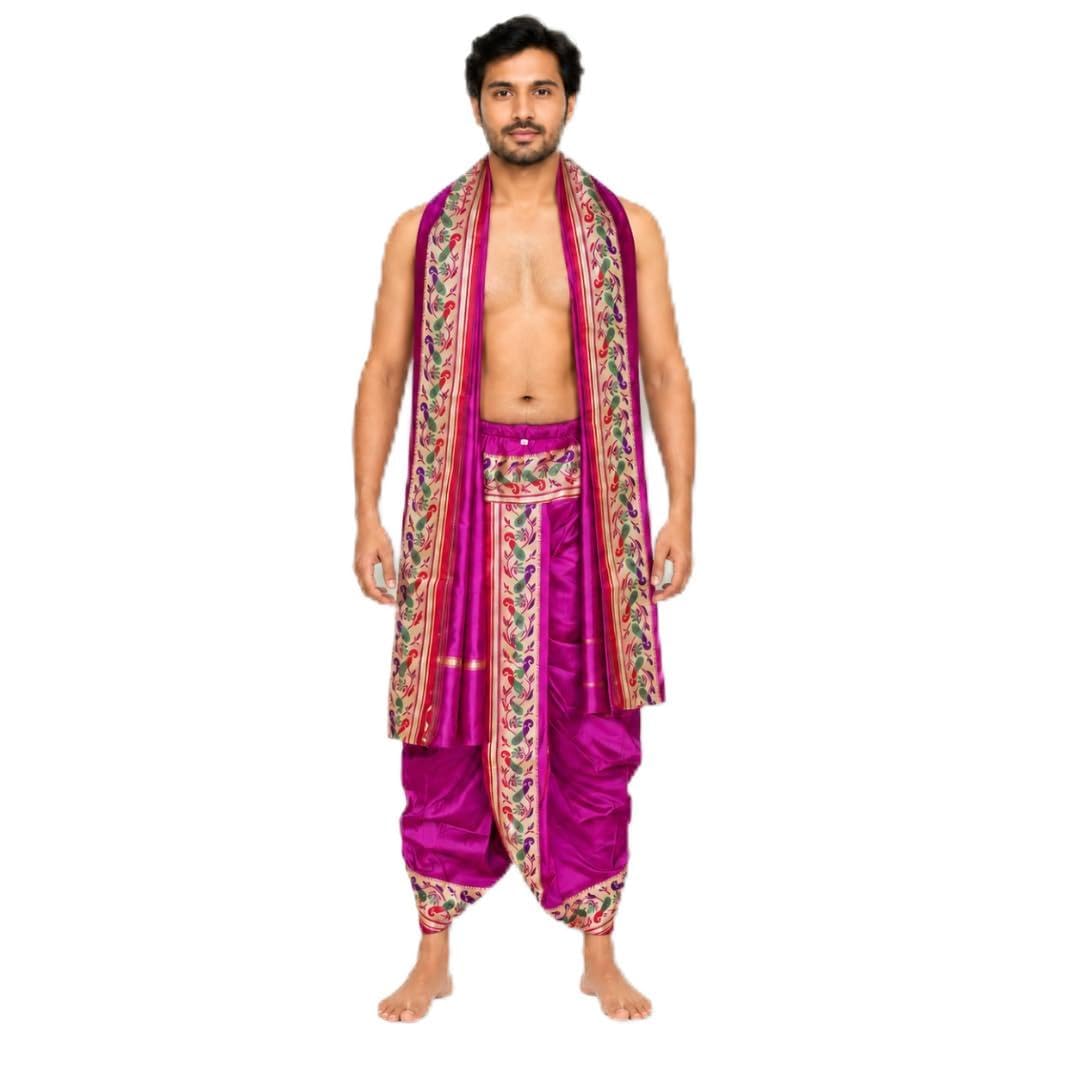 haldi mehendi shaadi Readymade Men’s Paithani Dhoti Pants + Uparna | Stitched Dhoti for Men & Boys | Wedding, Festival, Puja Wear | Veshti Dhotar Mundu with Golden Border, nada-picture-20