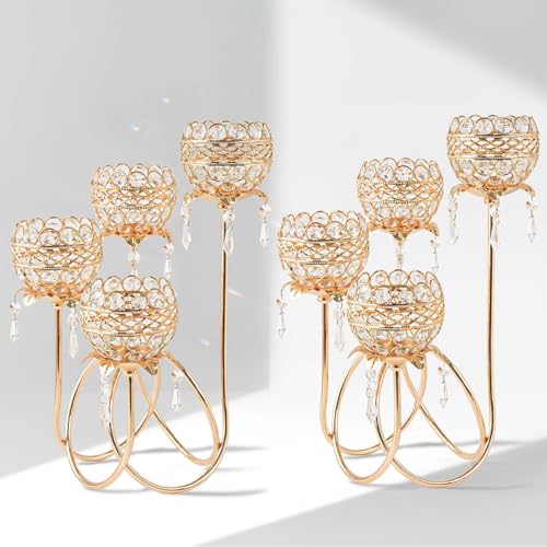 4 Arms Crystal Candelabra Tealight Holder - Tall 15.7 Inch Elegant Centerpiece with Crystal Pendant Bowls & Artistic Metal Stand for Wedding, Dining Table, Home Decor (2, Gold) by kehail - Used condition - US$41.99