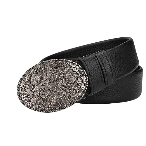 Western Cowboy Belt for Men, Leather Belt Silver Engraved Pattern Buckle Head Vintage Beltfor Dress Jeans,Black,115CM/45.3''2