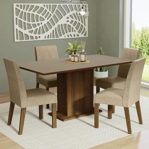 Image of Madesa 4 Seater Dining Set Rectangular Table Top Sturdy Wooden with Cushioned Seats 160 Cm for Dining Room and Kitchen - Brown /Cream
