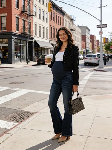 Image of GLAMIX Women's Stretch Maternity Bootcut Jeans with Pockets Over The Belly Bell Bottoms Flare Denim Pants Pregnancy Clothes