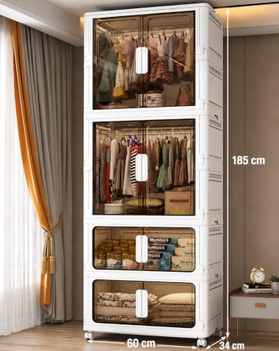 Image of EXVITO Modular Plastic Wardrobe for Bedroom | 2 Tier+2 Bins Foldable Cupboard with Hanging Rod | Stackable Storage Almirah for Clothes with Wheels | Multi-Layer Plastic Storage Cabinet - White
