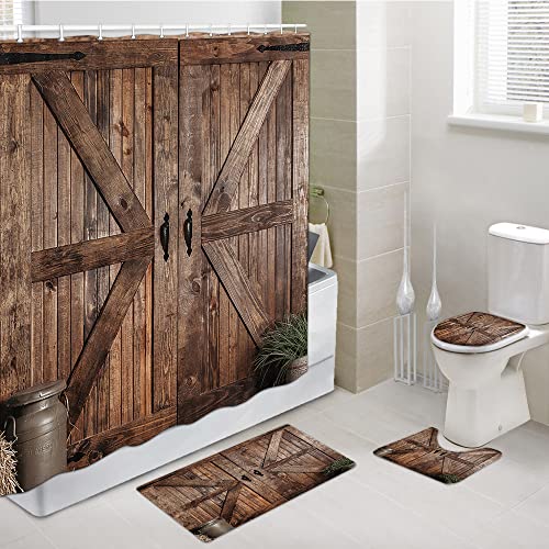 Rustic Barn Door Shower Curtain Sets, Farmhouse Arts Bath Curtains,