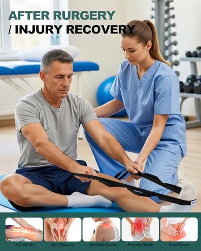 Image of Trideer Stretching Strap with Loops & Leg Lifter, Non-Elastic PT-Style Physical Therapy Strap for Knee Replacement Rehab, Hamstring, Calf & Back Stretcher Mobility, Hip, Shoulder & Yoga