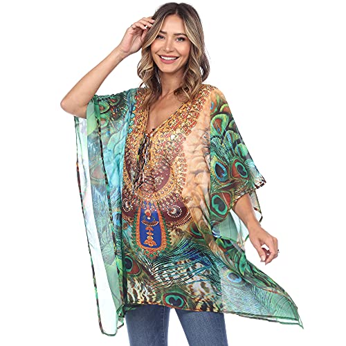 white mark Women's Multi-Print Short Caftan with Tie-up Neckline and Kimono Sleeves2