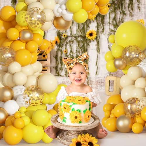Image of Ouddy Party 129Pcs Mustard Fall Balloon Arch Garland Kit in 18 12 10 5 Inch | Different Sizes 6Pcs 18 inch Mustard Yellow Latex Balloons for Thanksgivings Fall Baby Shower Birthday Flowers Party Decorations
