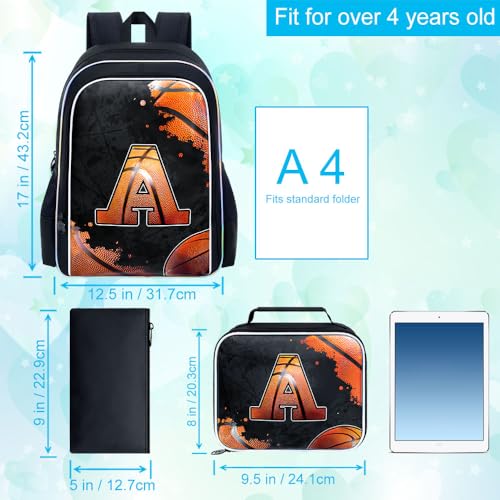 Image of gxtvo 3PCS Boys Basketball School Backpack, 17 inch Kids Letter Bookbag with Lunch Box, Water Resistant Middle Elementary School Bag - Basketball A