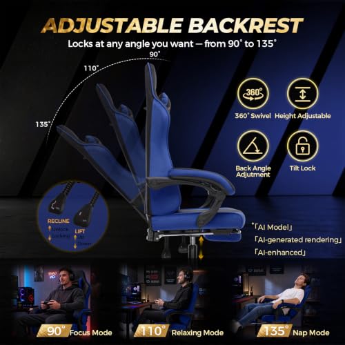 Image of GTPLAYER Video Gaming Chair Fabric, Ergonomic Computer Chair with Footrest and Pocket Spring Cushion, Height Adjustable Video Gamer Chair with Lumbar Support for Adults, Blue